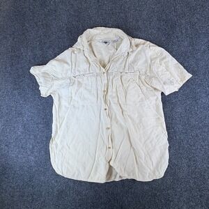 Baldanza Shirt Womens 10 Beige Silk Lattice Lace Trim Short Sleeve Button Up